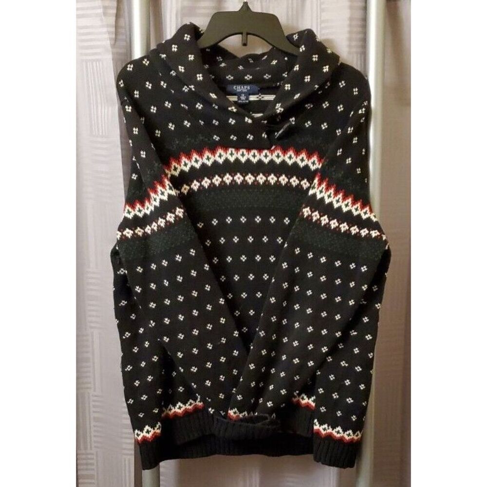 VINTAGE Chaps Ralph Lauren Black Cotton Fair Isle Ski Knit Holiday Sweater 1X XL